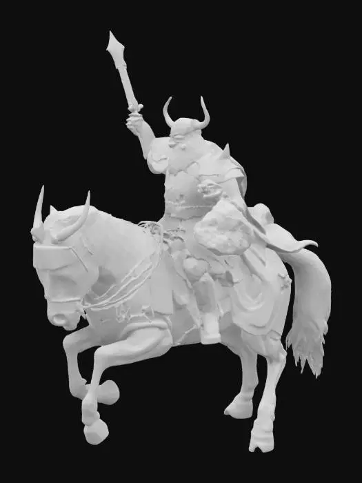 3D model for A fearsome and legendary dark knight, Odin, riding his mighty six-legged steed Sleipnir through a stormy battlefield. Clad in ancient, black armor with glowing crimson runes, he raises his massive Zantetsuken blade, ready to strike with one fatal slash. Lightning flashes across the sky as enemies fall before his unstoppable might. The air is filled with tension and power. Rendered in hyper-realistic digital art with cinematic lighting and dramatic shadows.