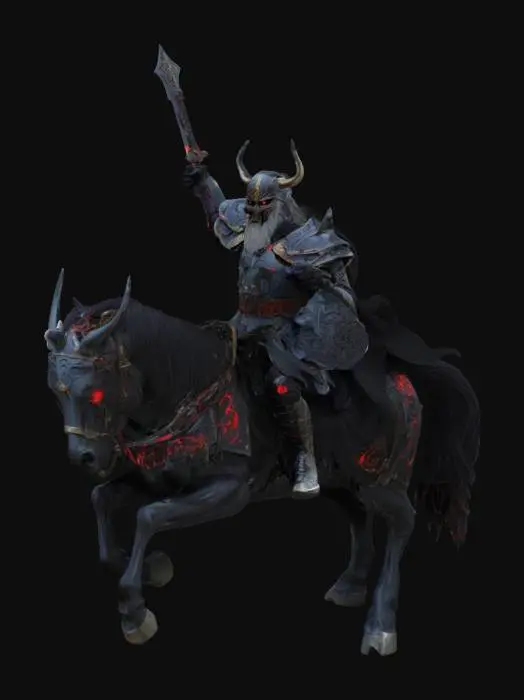 3D model for A fearsome and legendary dark knight, Odin, riding his mighty six-legged steed Sleipnir through a stormy battlefield. Clad in ancient, black armor with glowing crimson runes, he raises his massive Zantetsuken blade, ready to strike with one fatal slash. Lightning flashes across the sky as enemies fall before his unstoppable might. The air is filled with tension and power. Rendered in hyper-realistic digital art with cinematic lighting and dramatic shadows.