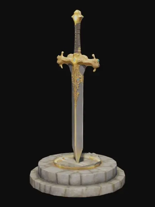 3D model for A legendary holy sword, Excalibur, embedded in an ancient stone pedestal, radiating divine light. Its blade gleams with intricate golden engravings, and the hilt is adorned with sacred gemstones. Beams of light pierce through the misty, ethereal surroundings, emphasizing its mythical power. The air crackles with energy, as if the sword is waiting for its chosen wielder. Rendered in hyper-realistic digital art with cinematic lighting and intricate details.