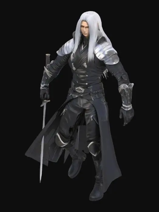 3D model for A highly detailed 3D render of a tall, silver-haired warrior inspired by Sephiroth from Final Fantasy, wearing a long black leather coat with silver pauldrons, standing dramatically in a ruined futuristic cityscape at sunset. He holds a massive, elegant katana (Masamune-style) in one hand, with flowing silver hair and an intense, cold expression. The scene is cinematic, with glowing embers in the air, and dramatic lighting highlighting his sharp features and ominous presence.