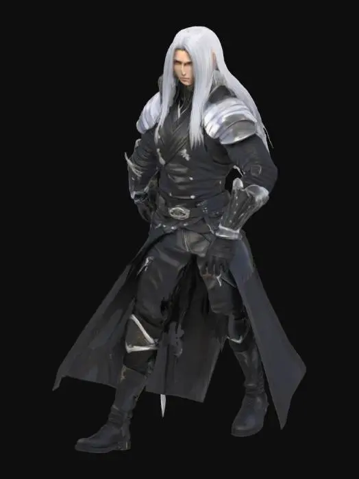 3D model for A highly detailed 3D render of a tall, silver-haired warrior inspired by Sephiroth from Final Fantasy, wearing a long black leather coat with silver pauldrons, standing dramatically in a ruined futuristic cityscape at sunset. He holds a massive, elegant katana (Masamune-style) in one hand, with flowing silver hair and an intense, cold expression. The scene is cinematic, with glowing embers in the air, and dramatic lighting highlighting his sharp features and ominous presence.