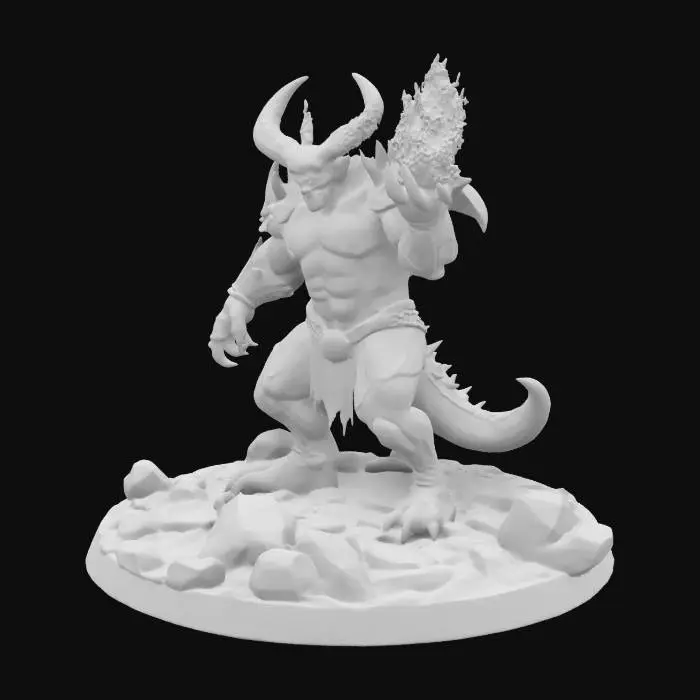 3D model for A ferocious and mighty fire demon, Ifrit, emerging from a blazing inferno. His muscular, beast-like form is covered in molten rock and fiery cracks, with glowing ember eyes radiating pure rage. Massive horns curve from his head as he raises a flaming fist, ready to unleash a devastating hellfire attack. The surrounding battlefield burns with molten lava and scorching flames. Rendered in hyper-realistic digital art with cinematic lighting and intricate details.