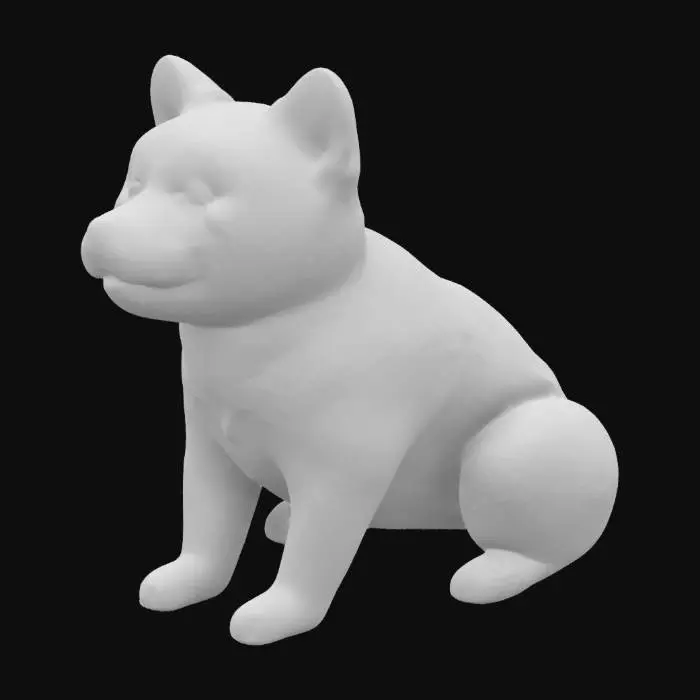 3D model for A super cute Shiba Inu puppy in 3D, sitting and looking up with big sparkling eyes, fluffy fur, and a happy expression. High-detail rendering, soft lighting, realistic textures, warm natural colors, with a slight cartoonish charm. Background is simple and clean to emphasize the dog.
