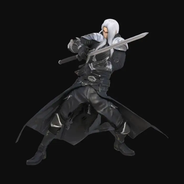 3D model for A highly detailed 3D render of a tall, silver-haired warrior inspired by Sephiroth from Final Fantasy, wearing a long black leather coat with silver pauldrons, standing dramatically in a ruined futuristic cityscape at sunset. He holds a massive, elegant katana (Masamune-style) in one hand, with flowing silver hair and an intense, cold expression. The scene is cinematic, with glowing embers in the air, and dramatic lighting highlighting his sharp features and ominous presence.
