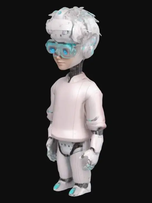 3D model for Design a young, male (18-22 years old) 3D chatbot assistant character. The character has a robotic build, modern and minimalist clothing in light pastel tones. He has bright, digital eyes, round glasses, straight hair, and smooth, slightly glowing skin. The assistant is friendly, intelligent, and solution-oriented, with occasional holographic data effects around him. The general atmosphere is a mix of warmth, technology, and knowledge.