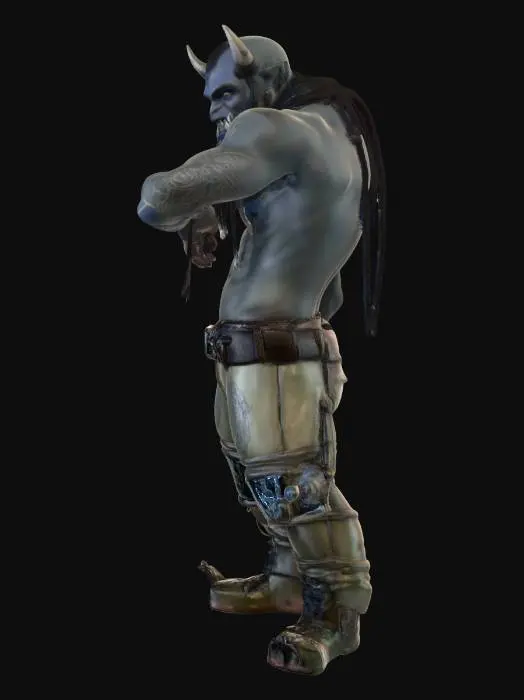 3D model for Orc meta-human twin with Black-American facial and hair features, fangs and greyish skin-tone. Uses ice magic with blue eyes and tattoo sleeve on the left side/arm.