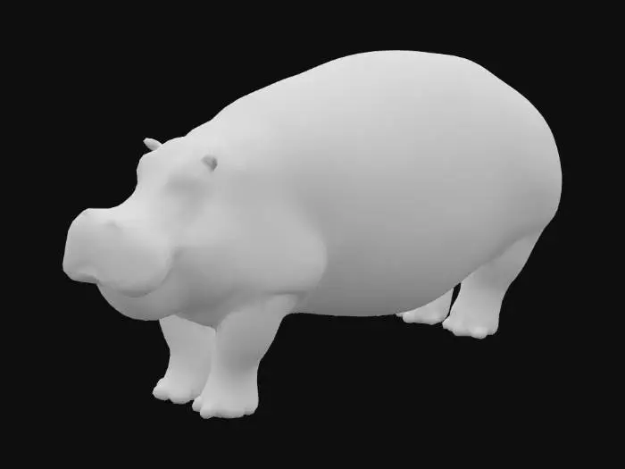 3D model for 一头巨大的河马，拥有厚实、光滑的灰褐色皮肤，带有轻微的粉色调，腹部尤为明显。其身躯呈桶状，四肢粗短而结实。头部宽大，长着短小的耳朵和宽阔的吻部。眼睛圆而突出，鼻孔位于吻部上方。它张开的巨口中露出坚硬的牙齿，整体造型粗犷有力。