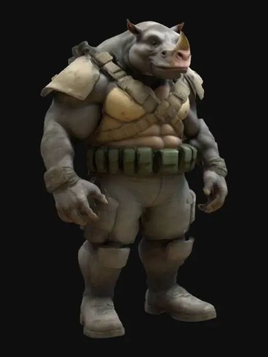3D model for Model 3d w wysokiej rozdzielczości postaci Rockstedy z TMNT, humanoidalny nosorożec mutant w wojskowym wyposażeniu z olbrzymimi mięśniami