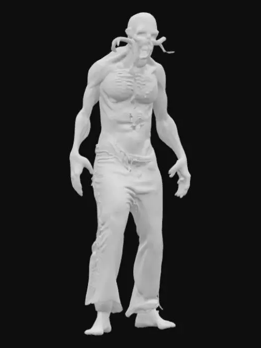 3D model for Zainfekowany zombie w stylu Resident Evil. Wysoka rozdzielczość. Na plecach przezroczysty pasożyt podczepiony do kręgosłupa. Zdeformowane ciało. Macki. Model do gry typu Survival Horror