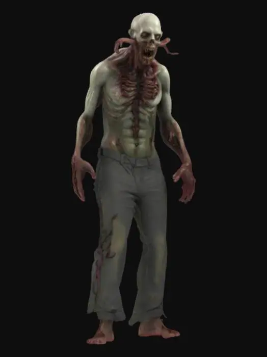 3D model for Zainfekowany zombie w stylu Resident Evil. Wysoka rozdzielczość. Na plecach przezroczysty pasożyt podczepiony do kręgosłupa. Zdeformowane ciało. Macki. Model do gry typu Survival Horror