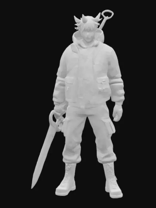 3D model for Sci-Fi, Stylizowany, Anime, Liga Legend, Rzeźbione, Delikatny, Bardzo szczegółowe, Pełne Ciało, Symetryczne ciało, Pozycja bojowa, Szalony Lunatyk w kaftanie bezpieczeństwa z połówką wielkich nożyc jako miecz, w stylu anime Helsing