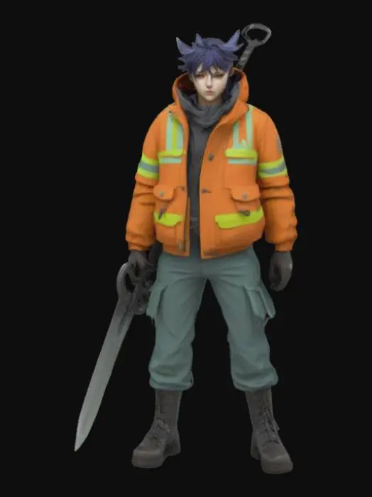 3D model for Sci-Fi, Stylizowany, Anime, Liga Legend, Rzeźbione, Delikatny, Bardzo szczegółowe, Pełne Ciało, Symetryczne ciało, Pozycja bojowa, Szalony Lunatyk w kaftanie bezpieczeństwa z połówką wielkich nożyc jako miecz, w stylu anime Helsing