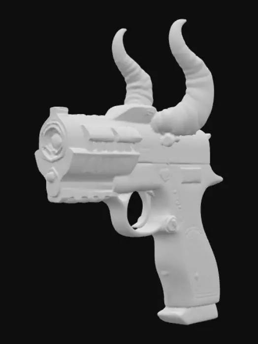 3D model for Imponujący, przerośnięty pistolet ręczny, którego kanciasta sylwetka płynnie formuje groźną głowę demona Oni. Wykuty z ciemnego, matowego polimeru i eleganckiego, polerowanego metalu, emanuje brutalną, zaawansowaną technologicznie estetyką. Przesadnie zakrzywione do góry rogi wystają z lufy, a stylizowany, zębaty wylot uzupełnia demoniczny wygląd. Minimalne detale podkreślają jego potężną, niemal rzeźbiarską formę, sprawiając, że wydaje się solidny i zimny w dotyku, broń o mrocznej, futurystycznej mocy.