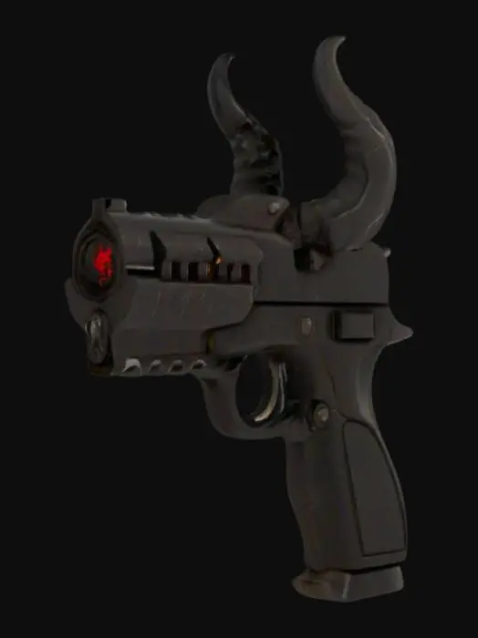 3D model for Imponujący, przerośnięty pistolet ręczny, którego kanciasta sylwetka płynnie formuje groźną głowę demona Oni. Wykuty z ciemnego, matowego polimeru i eleganckiego, polerowanego metalu, emanuje brutalną, zaawansowaną technologicznie estetyką. Przesadnie zakrzywione do góry rogi wystają z lufy, a stylizowany, zębaty wylot uzupełnia demoniczny wygląd. Minimalne detale podkreślają jego potężną, niemal rzeźbiarską formę, sprawiając, że wydaje się solidny i zimny w dotyku, broń o mrocznej, futurystycznej mocy.