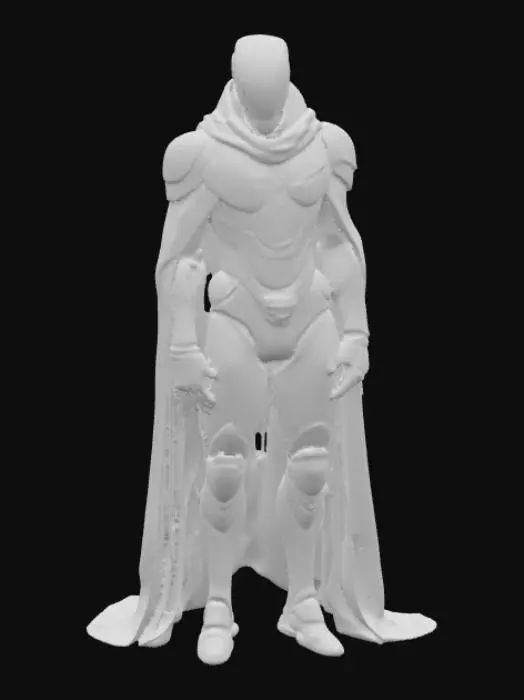 3D model for Futurystyczna postać w eleganckiej, zaawansowanej zbroi z ciemnego, polerowanego stopu, z subtelnymi, świecącymi zielonymi liniami imitującymi grawerunki. Masywna, aerodynamiczna maska z wbudowanymi systemami wizyjnymi pokrywa twarz, nadając jej bezwzględny, technologiczny wygląd. Długi, dynamicznie falujący płaszcz z wytrzymałego zielonego materiału syntetycznego, z magnetycznym zapięciem, osłania postać. Pod nim widać gładką, zieloną tunikę.