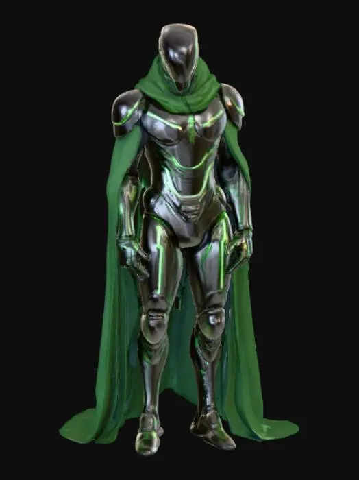 3D model for Futurystyczna postać w eleganckiej, zaawansowanej zbroi z ciemnego, polerowanego stopu, z subtelnymi, świecącymi zielonymi liniami imitującymi grawerunki. Masywna, aerodynamiczna maska z wbudowanymi systemami wizyjnymi pokrywa twarz, nadając jej bezwzględny, technologiczny wygląd. Długi, dynamicznie falujący płaszcz z wytrzymałego zielonego materiału syntetycznego, z magnetycznym zapięciem, osłania postać. Pod nim widać gładką, zieloną tunikę.