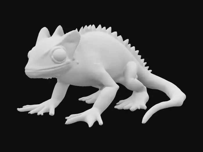 3D model for A chameleon — rendered as a crystalized being in geometric low-poly art, a mystical forest guardian in hand-painted folklore style, and an abstract mosaic of stained glass. Three forms, one creature, each rooted in stillness.