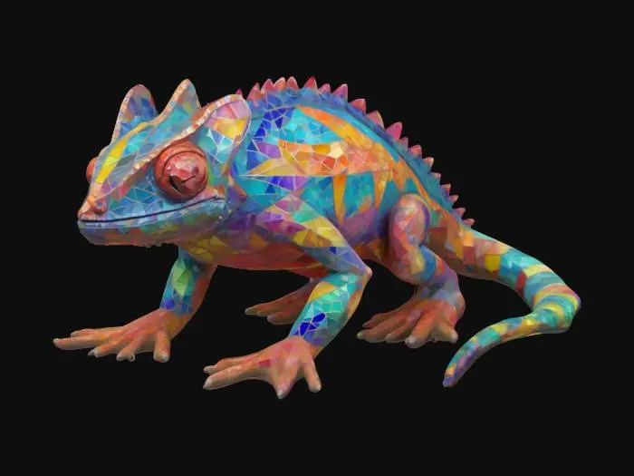3D model for A chameleon — rendered as a crystalized being in geometric low-poly art, a mystical forest guardian in hand-painted folklore style, and an abstract mosaic of stained glass. Three forms, one creature, each rooted in stillness.