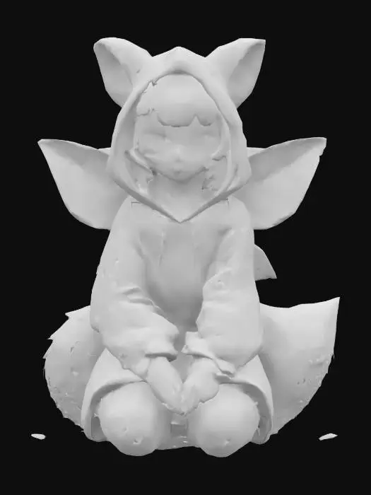 3D model for A fairy dressed in an oversized fox-themed hoodie with floppy ears and a fluffy tail, hoodie sleeves covering her hands, soft glowing wings barely visible from behind, sitting on a mossy rock in an enchanted forest, warm autumn colors, cozy and whimsical vibe, painterly semi-realistic style