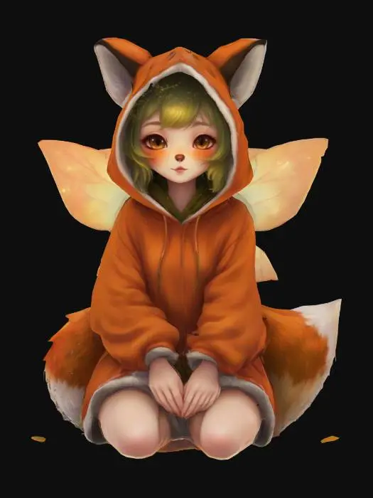 3D model for A fairy dressed in an oversized fox-themed hoodie with floppy ears and a fluffy tail, hoodie sleeves covering her hands, soft glowing wings barely visible from behind, sitting on a mossy rock in an enchanted forest, warm autumn colors, cozy and whimsical vibe, painterly semi-realistic style
