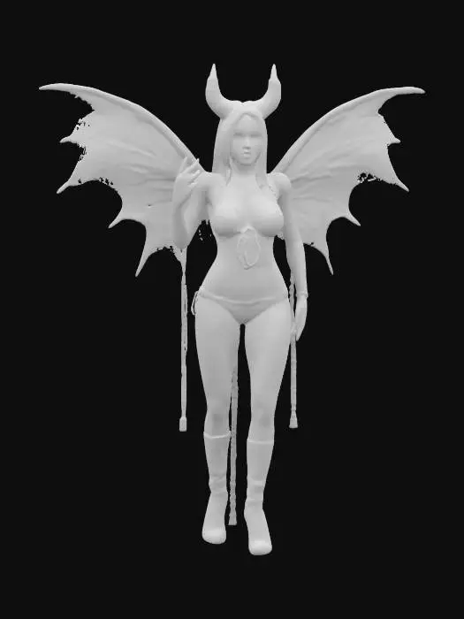 3D model for Demonic rave fairy, UV-reactive makeup, black bikini with chains, LED wings, sharp nails, dancing pose, high energy, ultra detailed, #fairy#