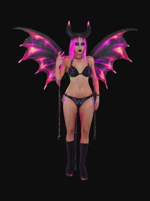 3D model for Demonic rave fairy, UV-reactive makeup, black bikini with chains, LED wings, sharp nails, dancing pose, high energy, ultra detailed, #fairy#
