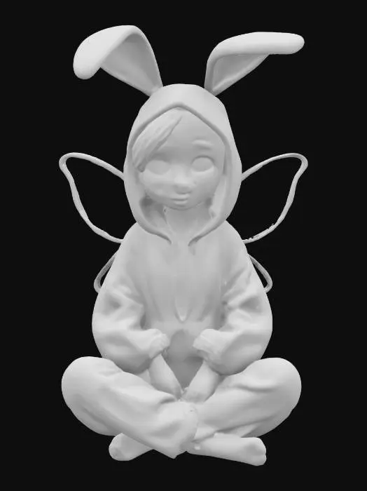 3D model for A fairy wearing a large bunny onesie with long drooping ears and oversized sleeves, sitting cross-legged in a field of glowing flowers at dusk, small wings shimmering softly behind her, gentle smile on her face, pastel color palette, dreamy cartoon-painterly hybrid style