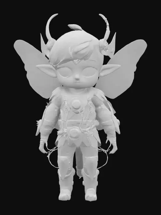 3D model for fairy in the world of Made in Abyss — oversized eyes filled with unknown galaxies, childlike appearance with biomechanical armor sprouting tiny vines, backpack made of living creatures whispering map fragments, soft wings that crumble like ash if touched; her voice sounds like a lullaby sung deep underwater — #fairy#