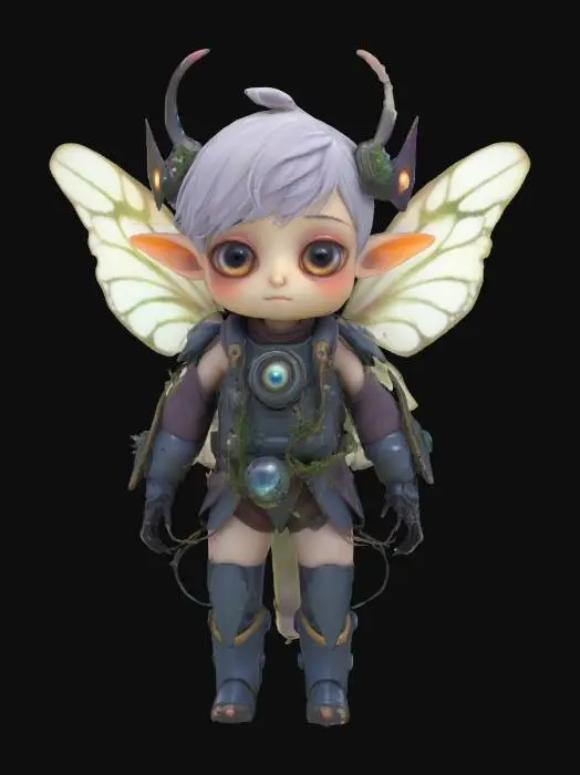 3D model for fairy in the world of Made in Abyss — oversized eyes filled with unknown galaxies, childlike appearance with biomechanical armor sprouting tiny vines, backpack made of living creatures whispering map fragments, soft wings that crumble like ash if touched; her voice sounds like a lullaby sung deep underwater — #fairy#
