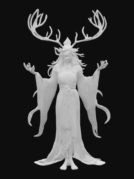 3D model for A forest spirit with antlers — depicted in medieval illuminated manuscript style, dark surrealist oil painting, and neon-lined digital synthwave.