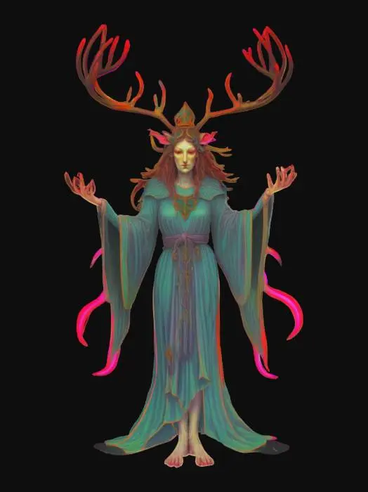 3D model for A forest spirit with antlers — depicted in medieval illuminated manuscript style, dark surrealist oil painting, and neon-lined digital synthwave.