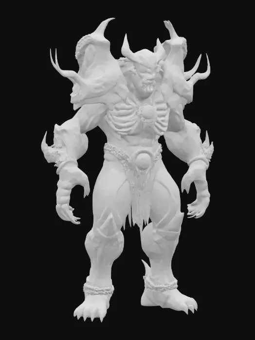 3D model for dark fantasy, stylized cartoon, humanoid behemoth, polished obsidian skin with glowing jade fissures, head a swirling vortex of metallic shards, floating emerald eye orbs, exposed ribcage revealing spinning gear-heart, arms ending in serrated iron blades, crystallized bone spines on shoulders, pillar-like legs with broken chain anklets, intricate runic etchings, bold white outline