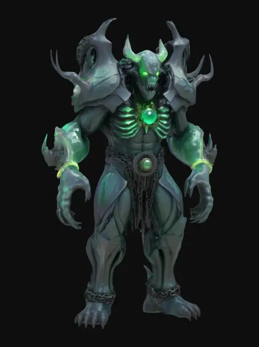 3D model for dark fantasy, stylized cartoon, humanoid behemoth, polished obsidian skin with glowing jade fissures, head a swirling vortex of metallic shards, floating emerald eye orbs, exposed ribcage revealing spinning gear-heart, arms ending in serrated iron blades, crystallized bone spines on shoulders, pillar-like legs with broken chain anklets, intricate runic etchings, bold white outline