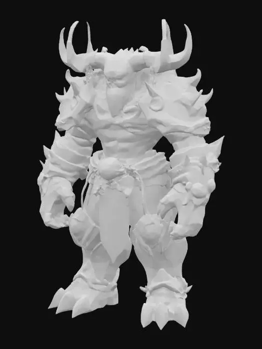 3D model for dark fantasy, stylized cartoon, humanoid colossus, plated in shifting onyx armor veined with molten crimson, head crowned by fractal bone antlers dripping scarlet ichor, featureless mask cracked to expose a rotating obsidian cog eye, massive forearms ending in spinning serrated shields, back sprouting metallic spines connected by flaming chains, thighs encased in riveted bone greaves adorned with arcane sigils, feet like twin anvils with embedded runestones, bold white outline








