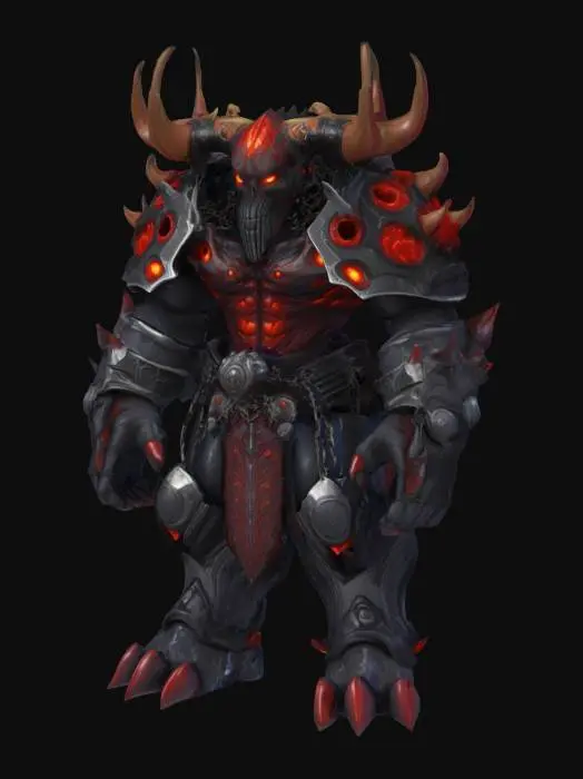 3D model for dark fantasy, stylized cartoon, humanoid colossus, plated in shifting onyx armor veined with molten crimson, head crowned by fractal bone antlers dripping scarlet ichor, featureless mask cracked to expose a rotating obsidian cog eye, massive forearms ending in spinning serrated shields, back sprouting metallic spines connected by flaming chains, thighs encased in riveted bone greaves adorned with arcane sigils, feet like twin anvils with embedded runestones, bold white outline








