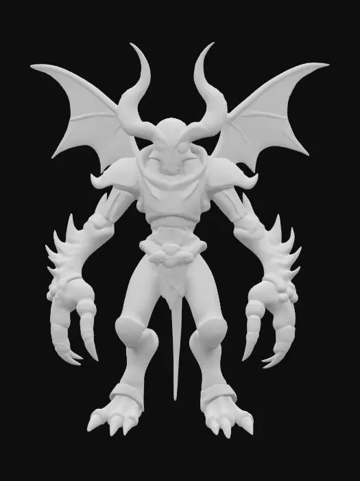 3D model for dark fantasy, stylized cartoon, humanoid aberration, eight-limbed symmetrical figure with chitinous armor fused seamlessly to sinewy flesh, skin of cracked obsidian threaded with glowing amber veins, sleek helm-like cranium with three horizontal slits revealing flickering turquoise eyes, concealed vertical jaw hidden behind overlapping plates, torso encased in segmented armor rings engraved with arcane glyphs, powerful arms ending in crystalline blades, digitigrade legs with sturdy hoof-like bone feet, rigid girdle of polished bronze teeth around pelvis, smooth demon-wing-shaped pauldrons on shoulders, spine lined with tapering sculpted bone spines, no tail, no garments, no hanging elements.



