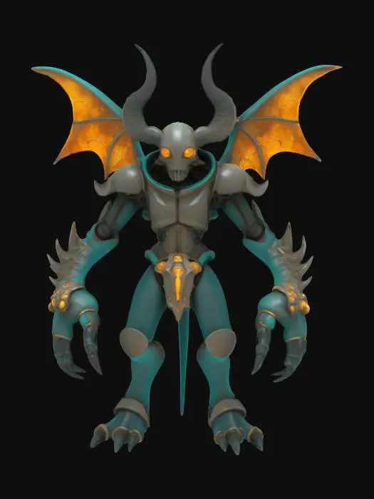 3D model for dark fantasy, stylized cartoon, humanoid aberration, eight-limbed symmetrical figure with chitinous armor fused seamlessly to sinewy flesh, skin of cracked obsidian threaded with glowing amber veins, sleek helm-like cranium with three horizontal slits revealing flickering turquoise eyes, concealed vertical jaw hidden behind overlapping plates, torso encased in segmented armor rings engraved with arcane glyphs, powerful arms ending in crystalline blades, digitigrade legs with sturdy hoof-like bone feet, rigid girdle of polished bronze teeth around pelvis, smooth demon-wing-shaped pauldrons on shoulders, spine lined with tapering sculpted bone spines, no tail, no garments, no hanging elements.



