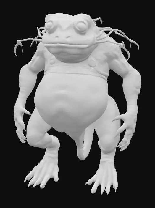 3D model for A monstrous, amphibious abomination with a bloated, semi-transparent belly revealing flickering bioluminescent organs and wriggling parasites inside. Its skin is slick, warty, and mottled with patches of luminous algae and barnacles. Four squat, muscular limbs end in webbed hands tipped with hook-like claws. The creature's hunched back is covered with irregular, jagged coral growths, some oozing pale, viscous slime. Its head resembles a distorted, predatory frog – wide, split maw lined with dozens of needle-like teeth, bulbous eyes with vertical pupils glowing faintly yellow. Long, drooping tendrils sprout from its chin and jaw, constantly dripping with phosphorescent liquid. Along its flanks and arms are clusters of parasitic lamprey mouths. Its movements are awkward and unpredictable