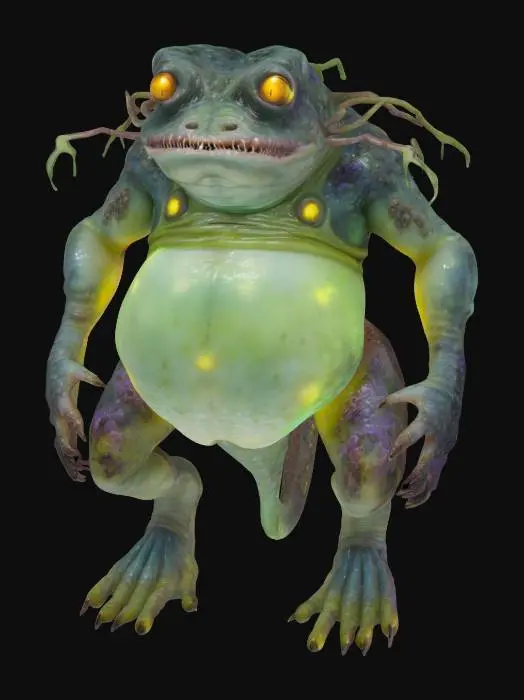 3D model for A monstrous, amphibious abomination with a bloated, semi-transparent belly revealing flickering bioluminescent organs and wriggling parasites inside. Its skin is slick, warty, and mottled with patches of luminous algae and barnacles. Four squat, muscular limbs end in webbed hands tipped with hook-like claws. The creature's hunched back is covered with irregular, jagged coral growths, some oozing pale, viscous slime. Its head resembles a distorted, predatory frog – wide, split maw lined with dozens of needle-like teeth, bulbous eyes with vertical pupils glowing faintly yellow. Long, drooping tendrils sprout from its chin and jaw, constantly dripping with phosphorescent liquid. Along its flanks and arms are clusters of parasitic lamprey mouths. Its movements are awkward and unpredictable