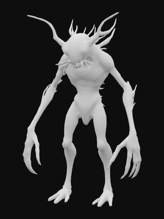 3D model for A grotesque, insectoid enemy – a towering, chitinous creature with four muscular, digitigrade legs and a hunched upper body. Its exoskeleton is covered in cracked, iridescent plates resembling ancient scarabs, with jagged protrusions and pulsating, bioluminescent veins running along its limbs. The arms are asymmetrical: one ends in a massive, mantis-like scythe, the other in a cluster of writhing, worm-like tendrils. Its head is elongated, with multiple faceted eyes of varying sizes glowing sickly orange. Mandibles jut out, dripping a viscous, black ichor. Along its spine run several bony, upward-curving spikes, some wrapped in a web-like membrane. Parts of its body are infested with tiny, parasitic creatures that occasionally crawl from gaps in its shell. Its stance is menacing, predatory