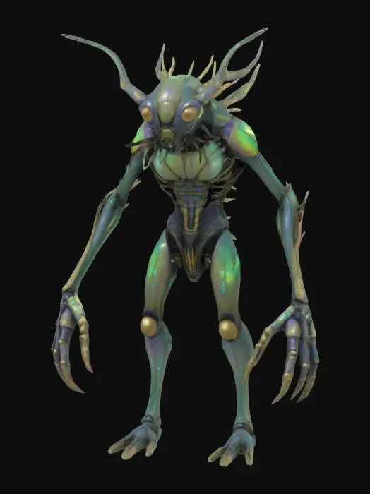 3D model for A grotesque, insectoid enemy – a towering, chitinous creature with four muscular, digitigrade legs and a hunched upper body. Its exoskeleton is covered in cracked, iridescent plates resembling ancient scarabs, with jagged protrusions and pulsating, bioluminescent veins running along its limbs. The arms are asymmetrical: one ends in a massive, mantis-like scythe, the other in a cluster of writhing, worm-like tendrils. Its head is elongated, with multiple faceted eyes of varying sizes glowing sickly orange. Mandibles jut out, dripping a viscous, black ichor. Along its spine run several bony, upward-curving spikes, some wrapped in a web-like membrane. Parts of its body are infested with tiny, parasitic creatures that occasionally crawl from gaps in its shell. Its stance is menacing, predatory