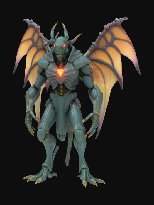 3D model for An insectoid-humanoid fusion, with four arms and digitigrade legs. Its body is segmented, covered with patches of glistening, chitinous armor interspersed with soft, pulsing membranes. The head splits vertically into two separate, clicking halves revealing inner rings of glimmering, crystal fangs. Where a heart would be, a glowing, spinning gyroscope is suspended inside a transparent cavity. Each arm ends in a different appendage: a cluster of pincers, a spinning saw-like disc of bone, a web-shooting gland, and a mass of ever-multiplying fingers. Tiny, iridescent beetles crawl in and out of open seams in its chest and limbs. No armor or weapons – purely organic and experimental horror, lo-fi surreal, hyper-detailed.