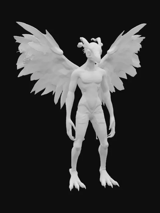 3D model for A humanoid abomination whose flesh is a patchwork of different animal skins—scales, feathers, fur, and bare muscle—stitched together with thick, black thread. The face is a distorted blend: one half avian with a curved beak, the other half reptilian with gleaming, lidless eye and exposed fangs. Two pairs of arms: upper pair covered in white feathers ending in human-like hands, lower pair scaly and ending in talons. Along its back, a line of twitching, vestigial wings and spines, some molting. Its legs are powerful, digitigrade, and partly flayed, exposing tendons and bone. Movement is predatory and erratic, occasionally letting out a guttural, multi-voiced screech. Hyper-surreal, dark fantasy, hyper-detailed, no weapons or armor.