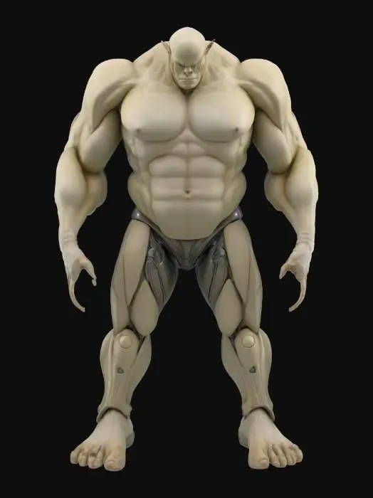 3D model for Enormous humanoid boss with a triangular torso wider at the shoulders and extremely narrow at the waist, four arms—two muscular, two thin and double-jointed—each reaching to the knees; the head small, set deep into the chest, no visible neck, legs short and thick, feet large and flat.