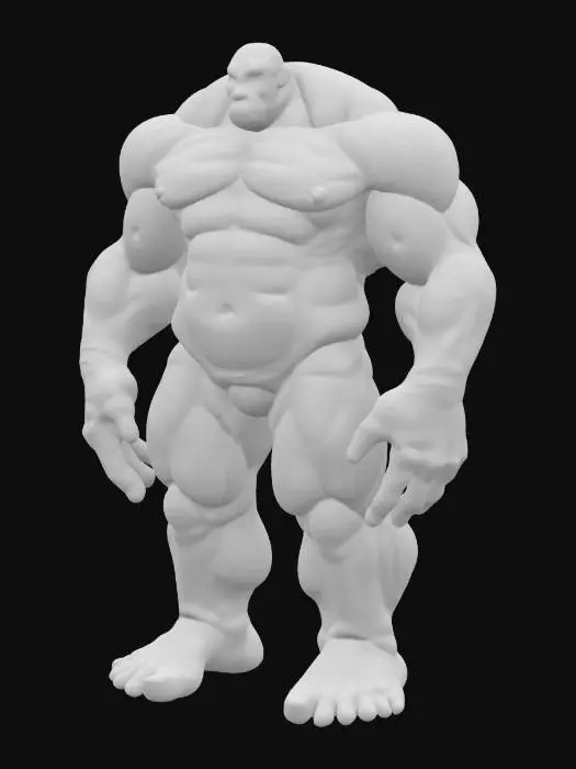3D model for Enormous humanoid boss with a triangular torso wider at the shoulders and extremely narrow at the waist, four arms—two muscular, two thin and double-jointed—each reaching to the knees; the head small, set deep into the chest, no visible neck, legs short and thick, feet large and flat.