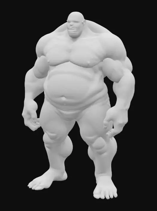 3D model for Bulky, hunched humanoid boss with a gigantic ribcage curving outward, arms disproportionately short and ending in spade-shaped fists, neck nonexistent, head sunken into the torso with a wide, flat face; legs thick and bowed, feet splayed wide apart for stability.