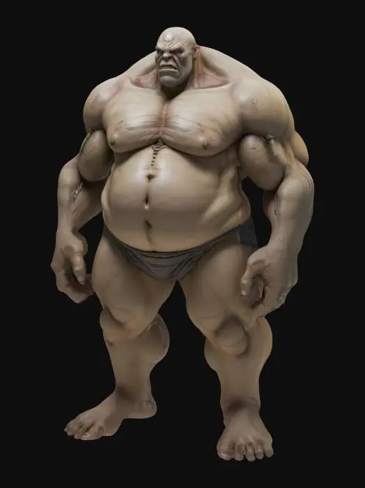 3D model for Bulky, hunched humanoid boss with a gigantic ribcage curving outward, arms disproportionately short and ending in spade-shaped fists, neck nonexistent, head sunken into the torso with a wide, flat face; legs thick and bowed, feet splayed wide apart for stability.