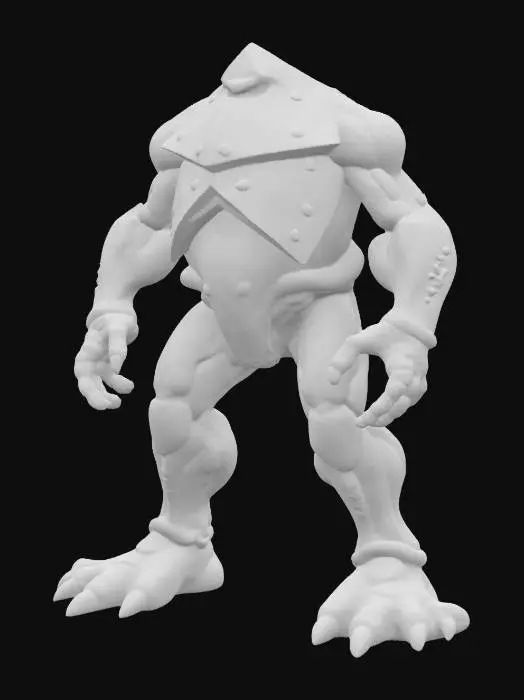 3D model for Enormous humanoid boss with a triangular torso wider at the shoulders and extremely narrow at the waist, four arms—two muscular, two thin and double-jointed—each reaching to the knees; the head small, set deep into the chest, no visible neck, legs short and thick, feet large and flat.