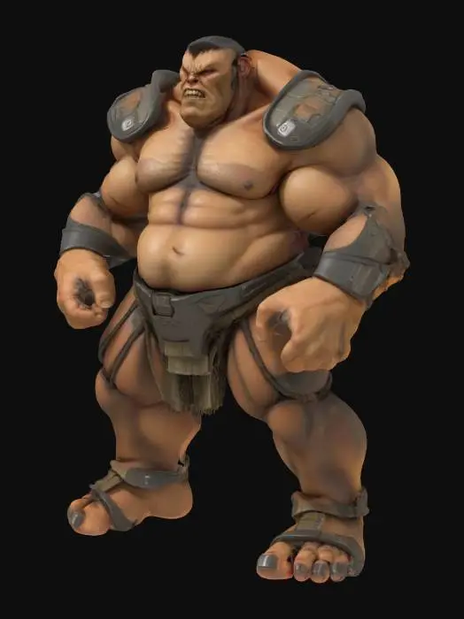 3D model for Heavyset humanoid boss with a deeply recessed, concave chest, collarbones jutting outward to sharp points; arms short and extremely muscular, ending in cube-like fists, abdomen small and compressed, hips broad, thighs thick, shins unusually thin; head large and blocky, with a bony crest instead of a forehead.