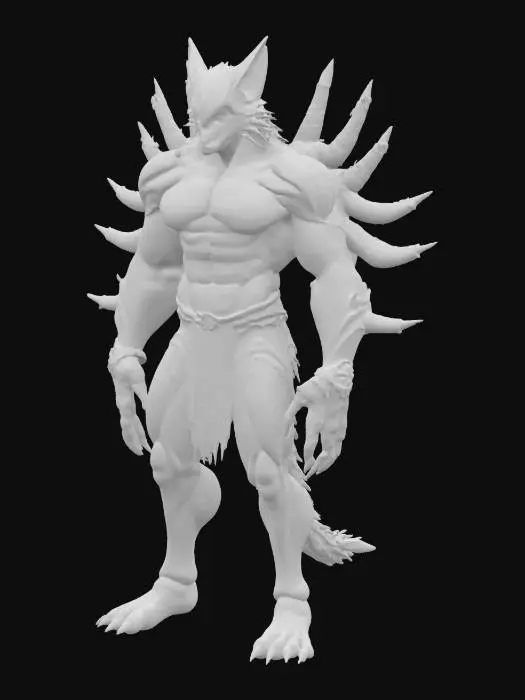 3D model for Humanoid boss with a muscular, athletic build; body covered in sleek, angular markings reminiscent of burning seals, limbs long and powerful, fingers elongated and slightly clawed; head wolf-like with large pointed ears and no visible mouth, eyes intense and glowing, nine ethereal tails erupting directly from the lower back as stylized appendages.